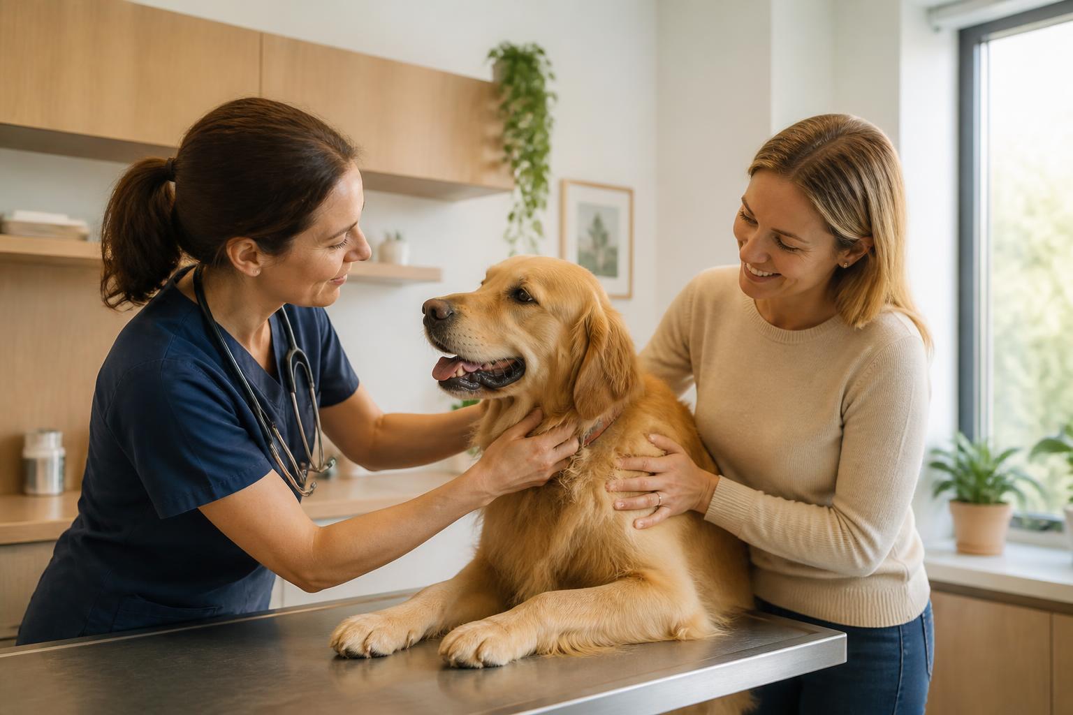 Veterinaria che visita un golden retriever con la proprietaria