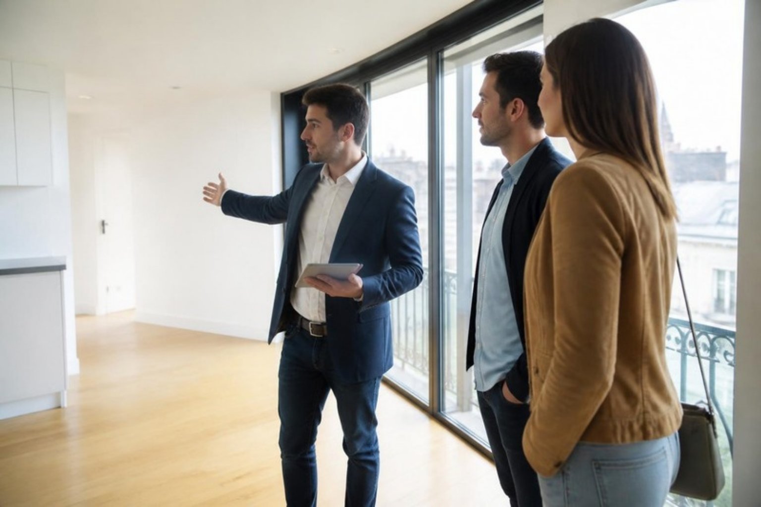 Agent immobilier faisant visiter un appartement lumineux