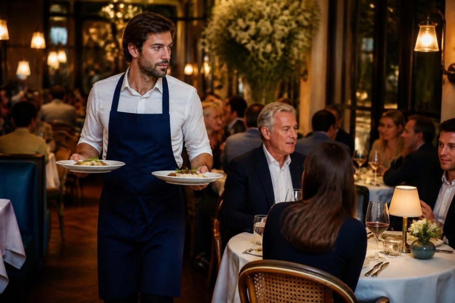 Serveur pendant le service du soir dans une brasserie