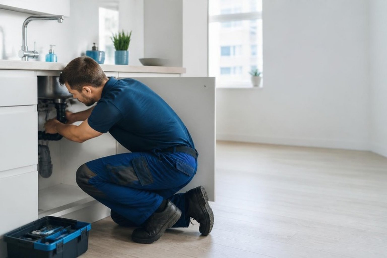 Technicien en intervention sous un évier dans un appartement